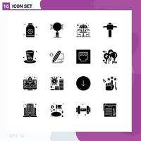 Pack of 16 Modern Solid Glyphs Signs and Symbols for Web Print Media such as hat cap security pick sitting table Editable Vector Design Elements