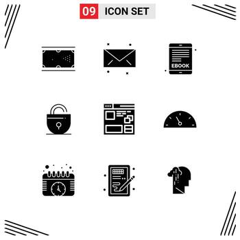 Set of 9 Vector Solid Glyphs on Grid for page browser ebook internet locked Editable Vector Design Elements