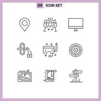 Mobile Interface Outline Set of 9 Pictograms of snorkel ocean hardware mask security Editable Vector Design Elements