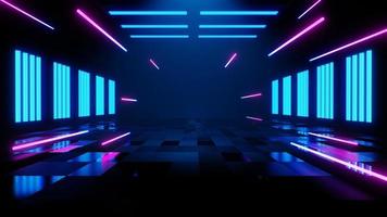 3d technology abstract neon light background, empty space scene, spotlight, dark night, virtual reality, cyber futuristic sci-fi background, street floor studio for mock up. colored geometric. photo