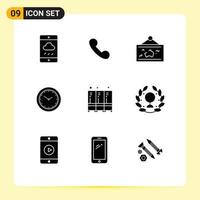 9 Thematic Vector Solid Glyphs and Editable Symbols of security minutes frame watch picture Editable Vector Design Elements