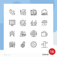 Modern Set of 16 Outlines and symbols such as cardiogram cloud ad mouse computing Editable Vector Design Elements