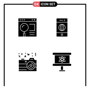4 User Interface Solid Glyph Pack of modern Signs and Symbols of browser camera search electronics photography Editable Vector Design Elements