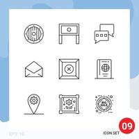 Group of 9 Outlines Signs and Symbols for delete open table message email Editable Vector Design Elements