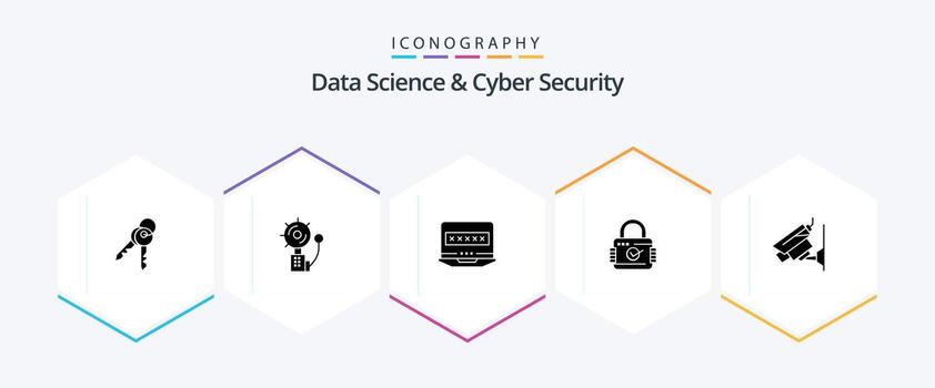 Data Science And Cyber Security 25 Glyph icon pack including camera. security. intruder. padlock. security vector