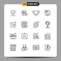 16 Universal Outlines Set for Web and Mobile Applications heart arrow identity gear cloud Editable Vector Design Elements