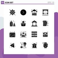 Group of 16 Modern Solid Glyphs Set for bottle movie database stage curtain Editable Vector Design Elements