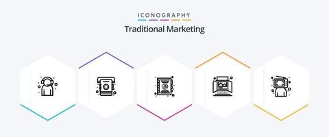 tradicional márketing 25 línea icono paquete incluso blogger impresión anuncio. lista. impresión. anuncio vector