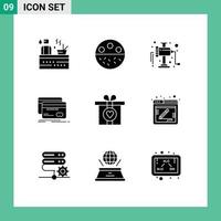 Universal Icon Symbols Group of 9 Modern Solid Glyphs of gift debit strength credit banking Editable Vector Design Elements