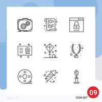 Pictogram Set of 9 Simple Outlines of certificate academic degree privacy security optimization Editable Vector Design Elements