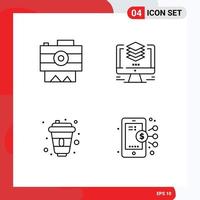 Mobile Interface Line Set of 4 Pictograms of camera cola recording file paris Editable Vector Design Elements