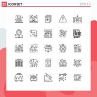 Line Pack of 25 Universal Symbols of warning alert power document money Editable Vector Design Elements