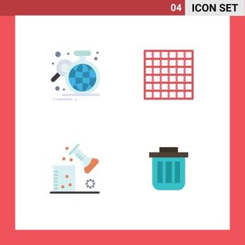 Pack of 4 Modern Flat Icons Signs and Symbols for Web Print Media such as analysis science lab globe layout scientific research Editable Vector Design Elements