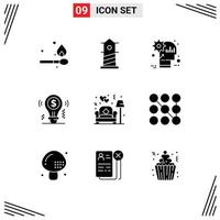 9 Universal Solid Glyphs Set for Web and Mobile Applications lamp solution mind dollar bulb Editable Vector Design Elements