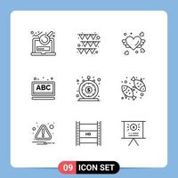 Set of 9 Vector Outlines on Grid for loan finance love school learning Editable Vector Design Elements