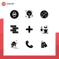 Mobile Interface Solid Glyph Set of 9 Pictograms of plus add fire study knowledge Editable Vector Design Elements