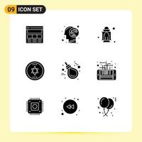 Pack of 9 Modern Solid Glyphs Signs and Symbols for Web Print Media such as magic circle human pray islam Editable Vector Design Elements