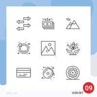 Pack of 9 Modern Outlines Signs and Symbols for Web Print Media such as interior frame camping decor ring Editable Vector Design Elements