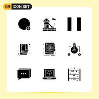 Mobile Interface Solid Glyph Set of 9 Pictograms of dollar idea book bulb book Editable Vector Design Elements