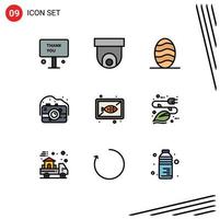 Stock Vector Icon Pack of 9 Line Signs and Symbols for seafood photography video photo camera Editable Vector Design Elements