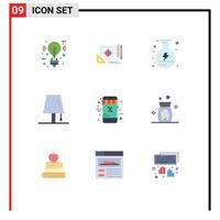 Mobile Interface Flat Color Set of 9 Pictograms of lightning lamp target interior flask Editable Vector Design Elements