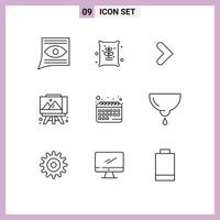 Mobile Interface Outline Set of 9 Pictograms of calendar arts seeds art board direction Editable Vector Design Elements