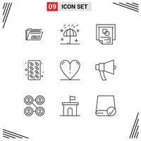 Set of 9 Modern UI Icons Symbols Signs for heart pills winter medicine success Editable Vector Design Elements