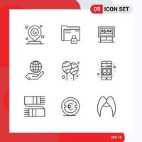 Mobile Interface Outline Set of 9 Pictograms of hand globe protection global score Editable Vector Design Elements