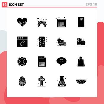 pictograma conjunto de dieciséis sencillo sólido glifos de editar cámara Internet espalda inteligente teléfono editable vector diseño elementos
