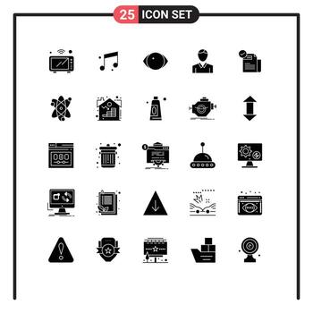 Mobile Interface Solid Glyph Set of 25 Pictograms of check list person eye man account Editable Vector Design Elements