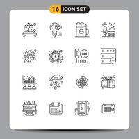 16 Universal Outlines Set for Web and Mobile Applications gear cogwheel beer park bench Editable Vector Design Elements