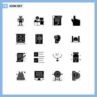 16 User Interface Solid Glyph Pack of modern Signs and Symbols of hand finger place notebook knowledge Editable Vector Design Elements