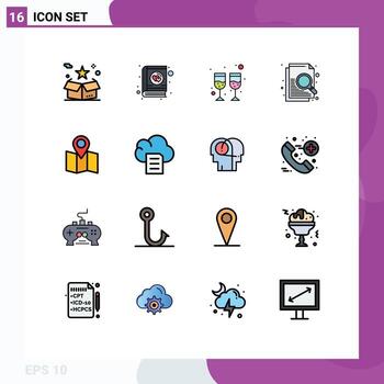 16 Thematic Vector Flat Color Filled Lines and Editable Symbols of pointer location valentine search document Editable Creative Vector Design Elements