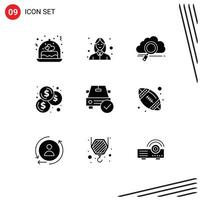 Group of 9 Solid Glyphs Signs and Symbols for checked investment cloud coins computing Editable Vector Design Elements