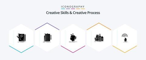 Creative Skills And Creative Process 25 Glyph icon pack including marketing. packaging. list. process. imagine vector