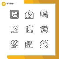 Pack of 9 Modern Outlines Signs and Symbols for Web Print Media such as bag squares joystick shapes cube Editable Vector Design Elements