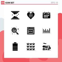 Set of 9 Commercial Solid Glyphs pack for search analysis heart holidays time Editable Vector Design Elements