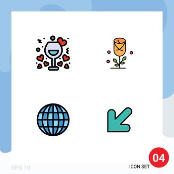 Mobile Interface Filledline Flat Color Set of 4 Pictograms of date globe romantic love web Editable Vector Design Elements
