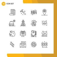 Mobile Interface Outline Set of 16 Pictograms of detective star plate important location Editable Vector Design Elements