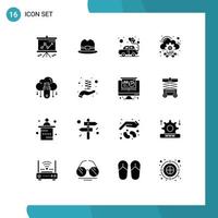 Pack of 16 Modern Solid Glyphs Signs and Symbols for Web Print Media such as online usb heart services hosting Editable Vector Design Elements