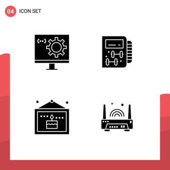 sólido glifo paquete de 4 4 universal símbolos de codificación cumpleaños desarrollo gimnasio fiesta editable vector diseño elementos