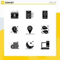 Set of 9 Vector Solid Glyphs on Grid for location search mobile mind head Editable Vector Design Elements