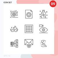 Mobile Interface Outline Set of 9 Pictograms of grid couple lotion love birds sunblock Editable Vector Design Elements