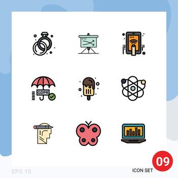 Mobile Interface Filledline Flat Color Set of 9 Pictograms of ice cream secure hand tick gdpr Editable Vector Design Elements