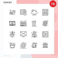 Set of 16 Modern UI Icons Symbols Signs for report page security data sun Editable Vector Design Elements