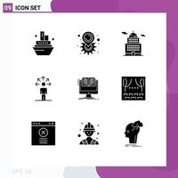 Set of 9 Modern UI Icons Symbols Signs for computer document building human abilities Editable Vector Design Elements