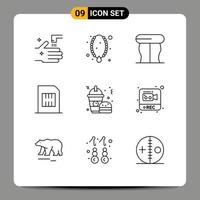 Pack of 9 Modern Outlines Signs and Symbols for Web Print Media such as fast food mobile pendant devices card Editable Vector Design Elements