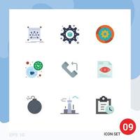 9 User Interface Flat Color Pack of modern Signs and Symbols of incoming answer setup time coffee Editable Vector Design Elements