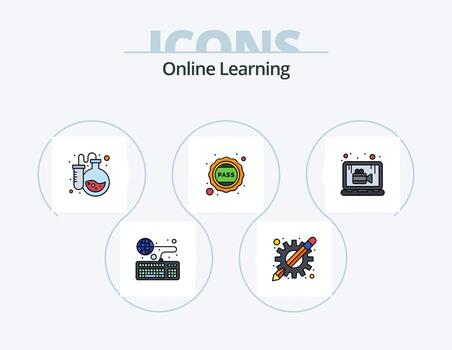 Online Learning Line Filled Icon Pack 5 Icon Design. flask. result. file. computer. literature vector