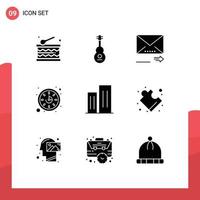 Set of 9 Commercial Solid Glyphs pack for business architecture email watch clock Editable Vector Design Elements